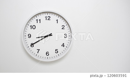 Clean White Clock at 08.40 or 20.40 on Minimalist White Background - Ideal for Time Concepts and Modern Design Clean White Clock at 08.40 or 20.40 on Minimalist White Background - Ideal for Time Concepts and Modern Design 120603591