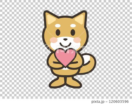 Illustration of a cute dog holding a heart symbol with both hands 120603596