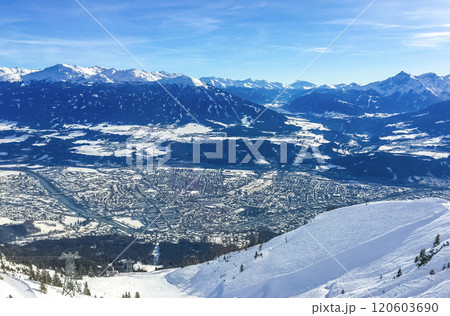 White snow landscape of small town and mountain range Winter in Austria . High quality photo 120603690