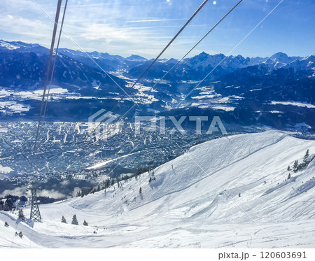 White snow landscape of small town and mountain range Winter in Austria . High quality photo White snow landscape of small town and mountain range Winter in Austria . High quality photo 120603691