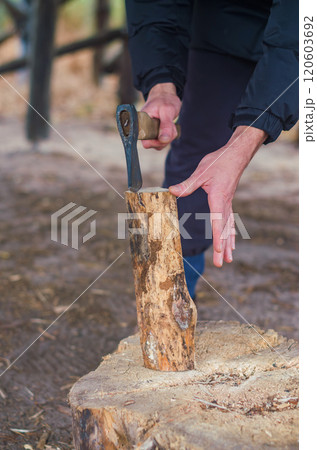 Chopping wood for the fire with an axe. A man's hand with an axe chopping wood. High quality photo 120603692
