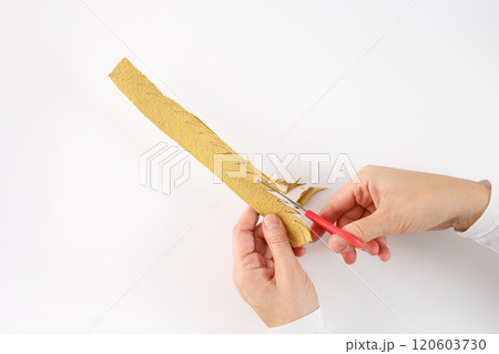 a pair of hands holding a strip of yellowish material, egg box carton, and using a pair of red-handled scissors to cut it. a zigzag pattern drawn on it, which is being followed by the scissors 120603730
