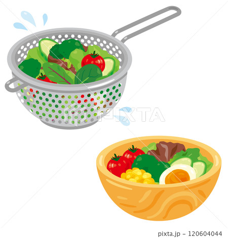 ザルで水切りされる野菜とボウルに盛られたサラダ 120604044
