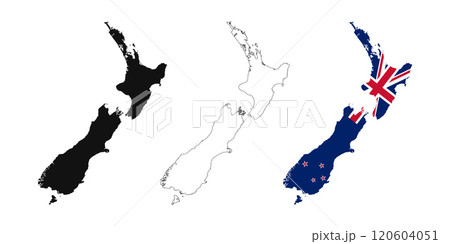 New Zealand map set on white background. New Zealand Map with Flag, black map and outline map. New Zealand map set on white background. New Zealand Map with Flag, black map and outline map. 120604051