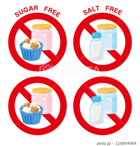 シュガーフリーとソルトフリー 砂糖と塩不使用のマークイラスト シュガーフリーとソルトフリー 砂糖と塩不使用のマークイラスト 120604064