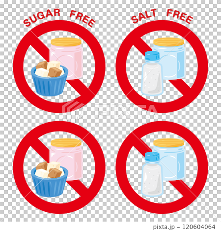 シュガーフリーとソルトフリー 砂糖と塩不使用のマークイラスト シュガーフリーとソルトフリー 砂糖と塩不使用のマークイラスト 120604064