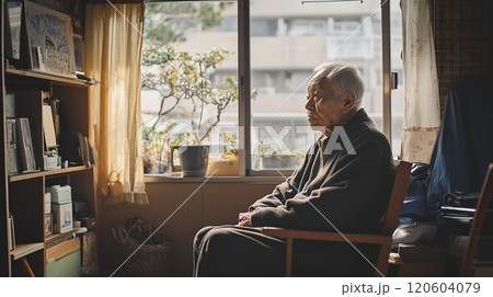 一人暮らしをする男性高齢者 120604079