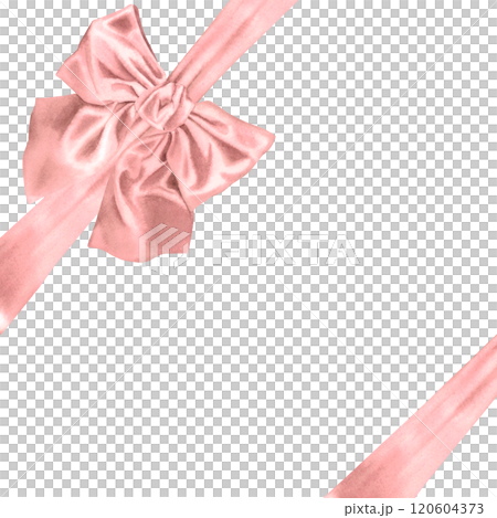 Pink gift bow ribbon. Hand drawn watercolor illustration of gift bow tie on white isolated background. Decorative satin ribbon element for Christmas present, holiday decoration, birthday celebration. Pink gift bow ribbon. Hand drawn watercolor illustration of gift bow tie on white isolated background. Decorative satin ribbon element for Christmas present, holiday decoration, birthday celebration. 120604373