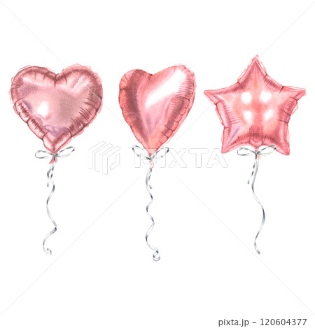 Heart and star shaped pink glossy helium balloons set. Hand drawn watercolor illustration of Valentine's Day elements isolated on background. Drawing for holiday greeting cards, party invitations. 120604377