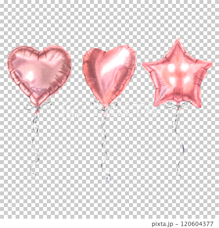 Heart and star shaped pink glossy helium balloons set. Hand drawn watercolor illustration of Valentine's Day elements isolated on background. Drawing for holiday greeting cards, party invitations. 120604377