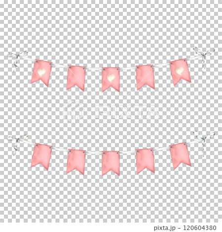 Hanging garland with rectangle flags in pink pastel color. Hand drawn watercolor illustration of pennant for baby party design on isolated background. Bunting for banner, celebration or party design. Hanging garland with rectangle flags in pink pastel color. Hand drawn watercolor illustration of pennant for baby party design on isolated background. Bunting for banner, celebration or party design. 120604380