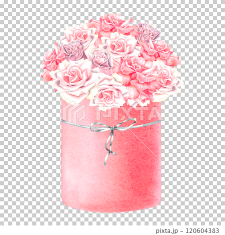 Pink gift box with roses. Hand drawn watercolor illustration of flower bouquet on isolated background. Valentines day aesthetic nature concept. 8 March card idea. Present for Birthday or Anniversary. Pink gift box with roses. Hand drawn watercolor illustration of flower bouquet on isolated background. Valentines day aesthetic nature concept. 8 March card idea. Present for Birthday or Anniversary. 120604383