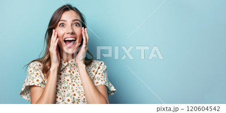 Surprised woman with open mouth, hands pressed to her cheeks, wearing colorful floral dress. light blue background and copy space. Happy and amazed expression, showing excitement and shock 120604542