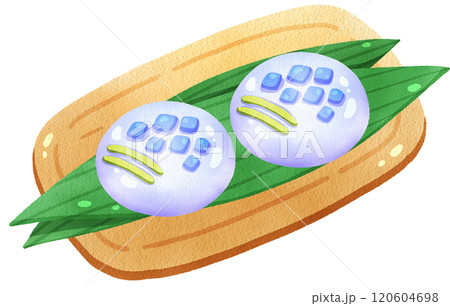 Blue Nerikiri on wood plate, Japanese Dessert, watercolor digital painting hand-drawn 120604698