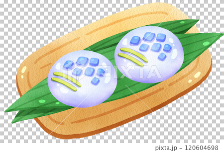 Blue Nerikiri on wood plate, Japanese Dessert, watercolor digital painting hand-drawn 120604698