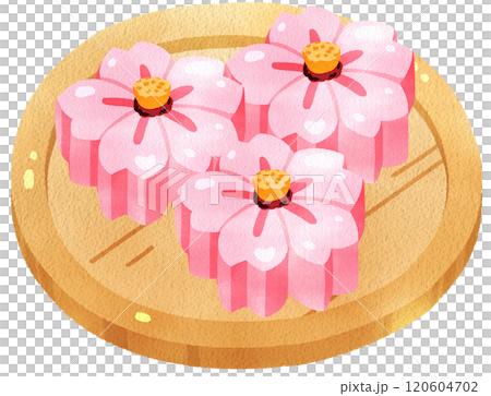 Pink sakura blossom Nerikiri on wood plate, watercolor digital painting hand drawn 120604702