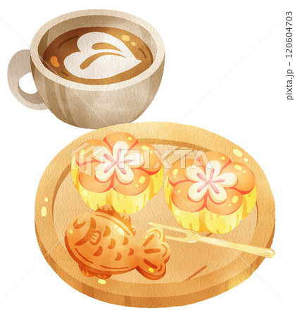 Taiyaki fish with flower Nerikiri on wood tray, watercolor digital painting hand drawn 120604703