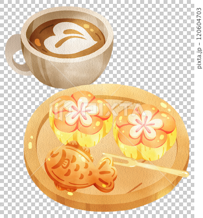 Taiyaki fish with flower Nerikiri on wood tray, watercolor digital painting hand drawn 120604703