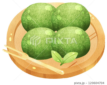 Circle matcha 4 balls with green tea leaves, watercolor digital painting hand drawn 120604704