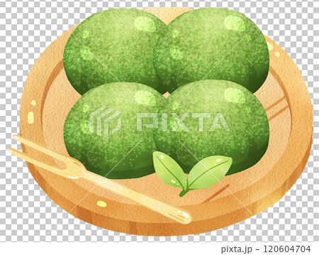 Circle matcha 4 balls with green tea leaves, watercolor digital painting hand drawn 120604704