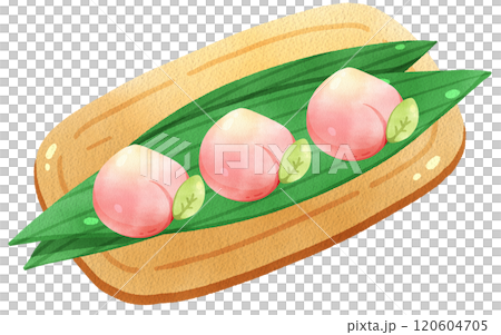 Peach Neiriki on bamboo leaves and wood plate, watercolor digital painting hand drawn 120604705