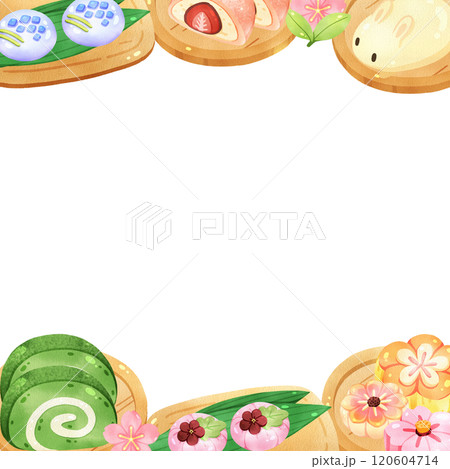 Japanese dessert traditional so sweet , square frame, watercolor painting hand-drawn illustration 120604714