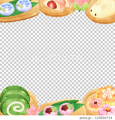 Japanese dessert traditional so sweet , square frame, watercolor painting hand-drawn illustration 120604714