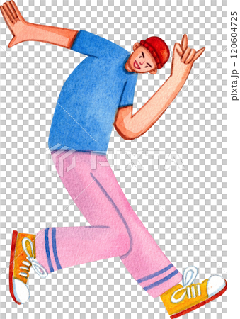 Teenage boy dancing while listening to music, Hand-drawn watercolor painting illustration 120604725