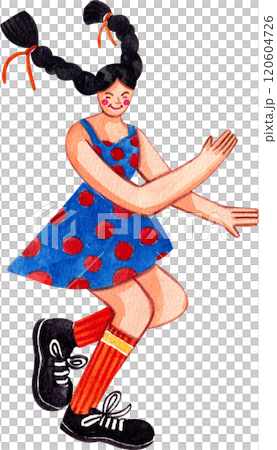 Teenage girl with long braids dancing while listening to music, Hand-drawn watercolor painting illustration Teenage girl with long braids dancing while listening to music, Hand-drawn watercolor painting illustration 120604726