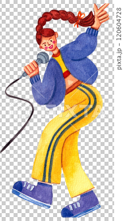 Singer with long braided hair singing, Hand-drawn watercolor painting illustration Singer with long braided hair singing, Hand-drawn watercolor painting illustration 120604728