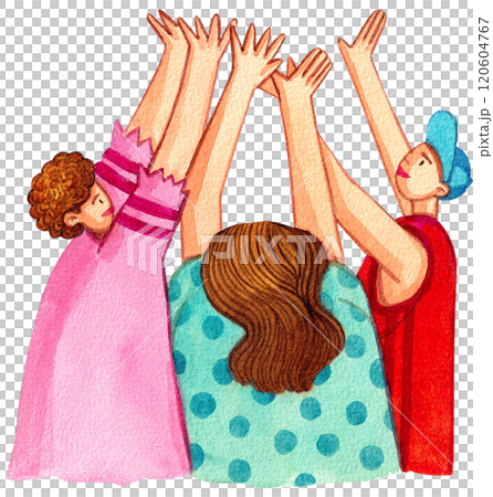 Three young people raising their hands together, Hand-drawn watercolor painting illustration 120604767
