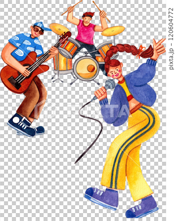 A small band with a singer, guitarist and drummer ,Hand-drawn watercolor painting illustration A small band with a singer, guitarist and drummer ,Hand-drawn watercolor painting illustration 120604772