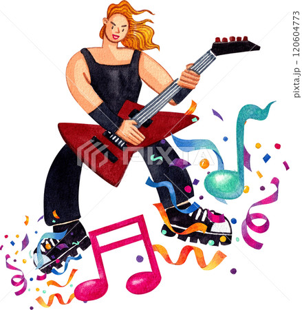 The guitarist is having fun playing music, ribbon party around him,Hand-drawn watercolor painting illustration 120604773