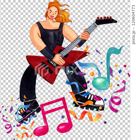 The guitarist is having fun playing music, ribbon party around him,Hand-drawn watercolor painting illustration 120604773