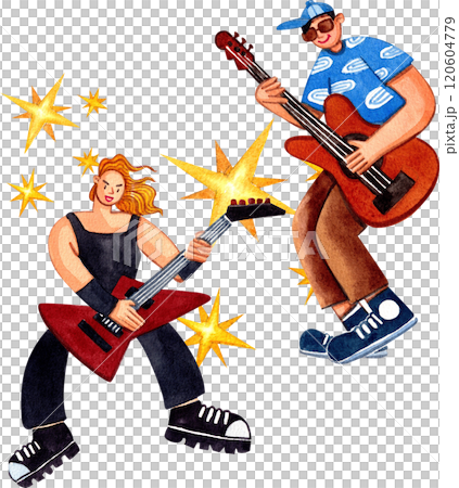 The guitar duo is having fun playing together,Hand-drawn watercolor painting illustration 120604779