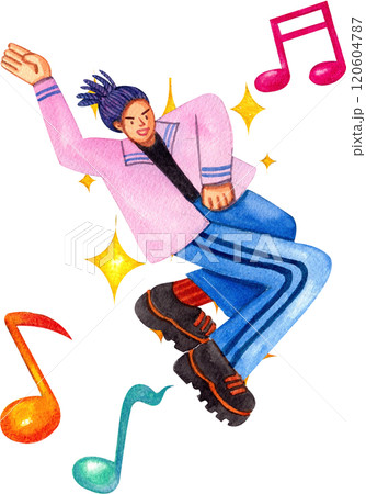 Women jumping and dancing, Musical notes around,Hand-drawn watercolor painting illustration Women jumping and dancing, Musical notes around,Hand-drawn watercolor painting illustration 120604787