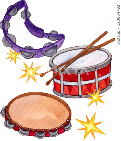 Tambourine and Tenor drumb musician instrument ,Hand-drawn watercolor painting illustration 120604792
