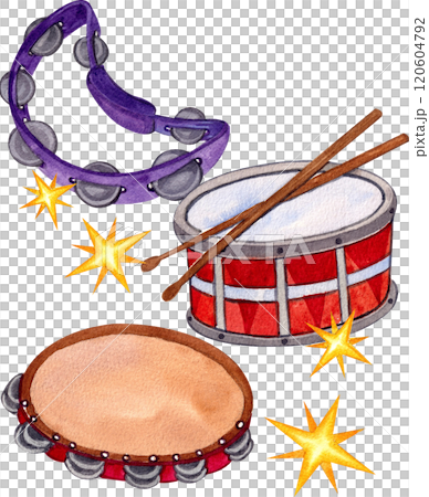 Tambourine and Tenor drumb musician instrument ,Hand-drawn watercolor painting illustration 120604792