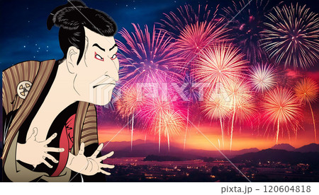 夜空に打ちあがる花火&歌舞伎役者 夜空に打ちあがる花火&歌舞伎役者 120604818