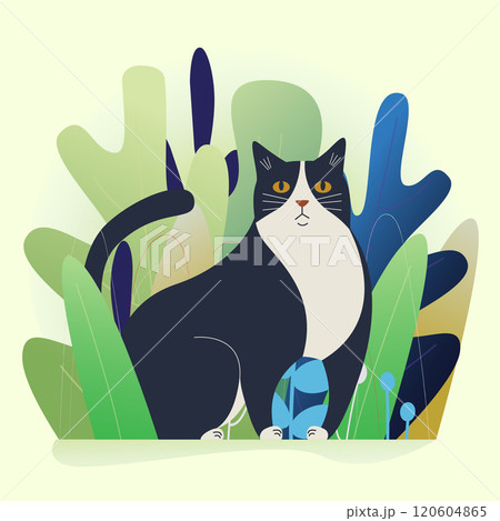 Cartoon cute cat spring postcard. Black cat in bush aesthetic boho style illustration. Happy Easter illustration Cartoon cute cat spring postcard. Black cat in bush aesthetic boho style illustration. Happy Easter illustration 120604865