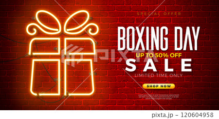 Boxing Day Sale Design with Glowing Neon Light Gift Box Symbol on Vintage Brick Wall Background. Holiday Vector Business Illustration with Special Offer Elements for Coupon, Voucher, Banner, Flyer Boxing Day Sale Design with Glowing Neon Light Gift Box Symbol on Vintage Brick Wall Background. Holiday Vector Business Illustration with Special Offer Elements for Coupon, Voucher, Banner, Flyer 120604958