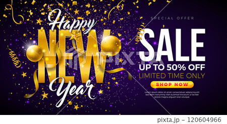 Happy New Year Sale 2025 Design with 3d Gold Typography Lettering, Christmas Ball and Falling Confetti on Dark Background. Holiday Special Offer Campaign Discount Illustration for Coupon, Voucher Happy New Year Sale 2025 Design with 3d Gold Typography Lettering, Christmas Ball and Falling Confetti on Dark Background. Holiday Special Offer Campaign Discount Illustration for Coupon, Voucher 120604966