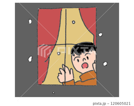 鉛筆画風の窓から雪を見るイラスト 120605021