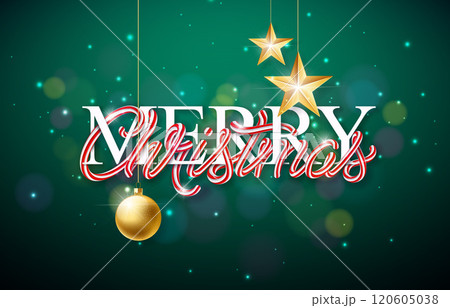 Merry Christmas and Happy New Year Banner with Christmas Candy Cane Typography Letter Fir Branch and Ornamental Ball on Green Background. Vector Xmas Holiday Season Banner Design for Greeting Card 120605038