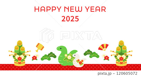 2025年 門松と親子蛇の正月バナー ( ベクター コピースペース 白背景 ) 120605072