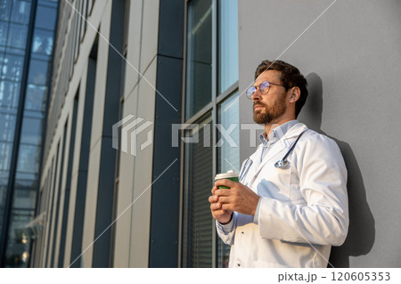 Ginger young doctor having morning coffee after a night shift Ginger young doctor having morning coffee after a night shift 120605353