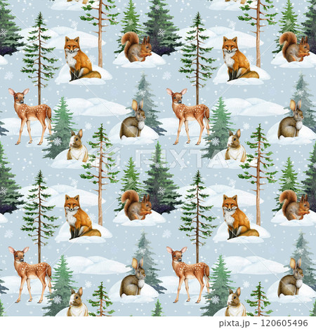 Forest animals winter season seamless pattern hand painted illustration. Winter time fox, squirrel, rabbit, reindeer animals in snow piles with conifer trees. Perfect for wildlife nature mood decor 120605496