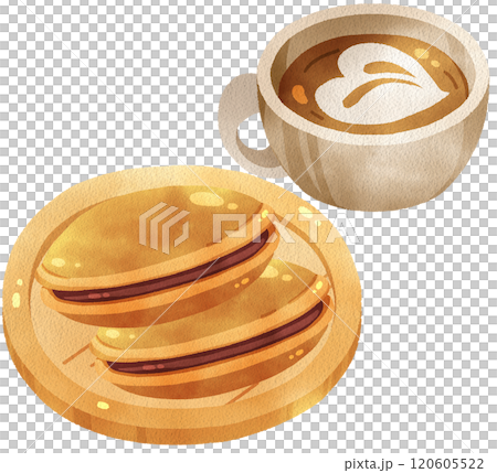 Dorayaki with hot coffee, Japanese dessert, watercolor digital painting hand drawn 120605522
