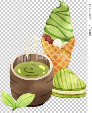 Matcha ice-cream soft serve with hot matcha, Japanese dessert, watercolor digital hand drawn 120605524