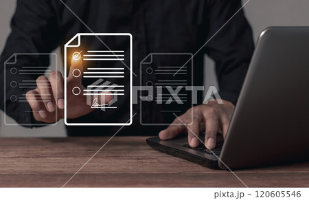 Young man with laptop hand touching to sign a business contract online, Electronic signature Young man with laptop hand touching to sign a business contract online, Electronic signature 120605546